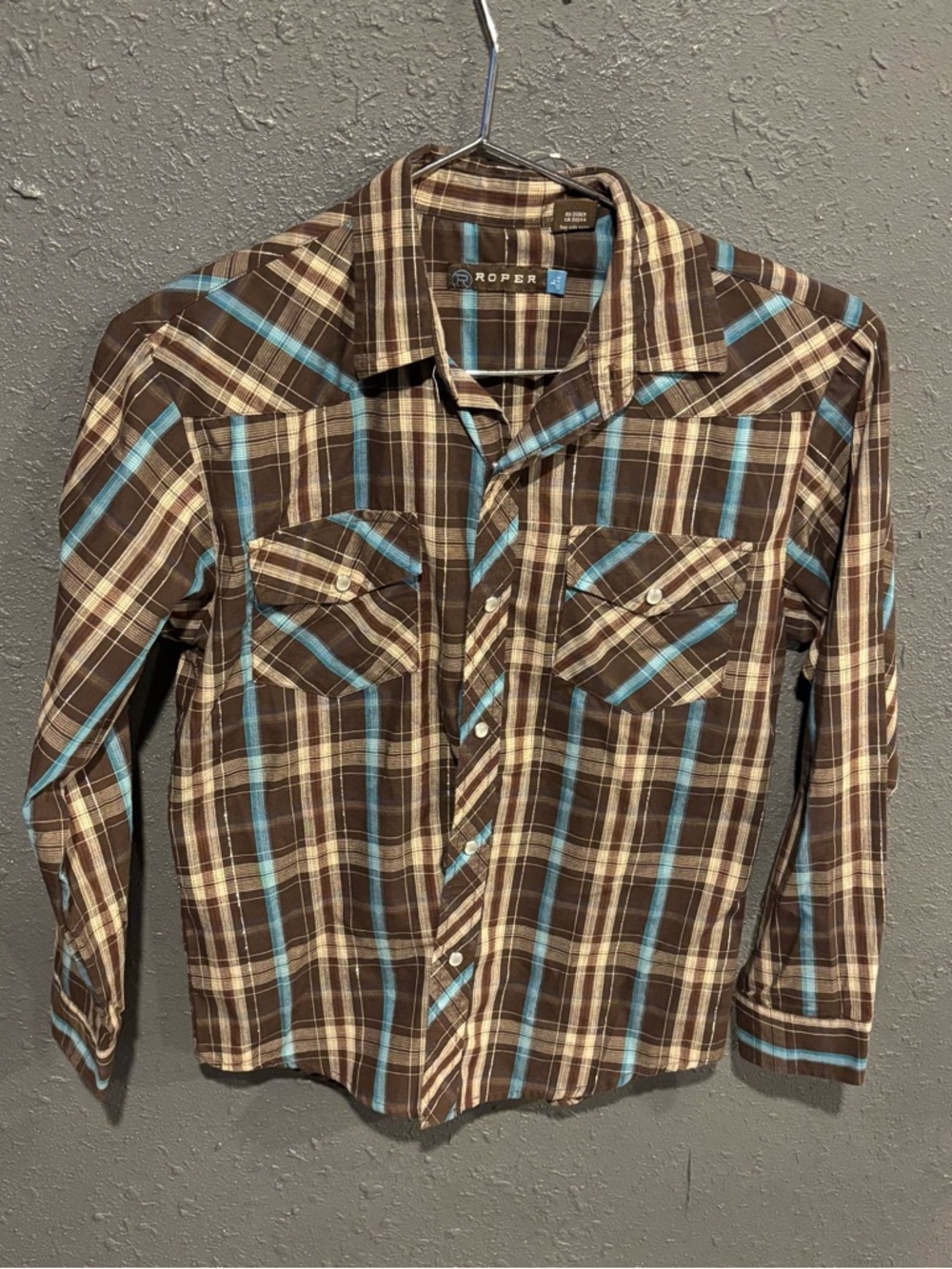 Kids Roper Brown Plaid Western Shirt with Blue Accents